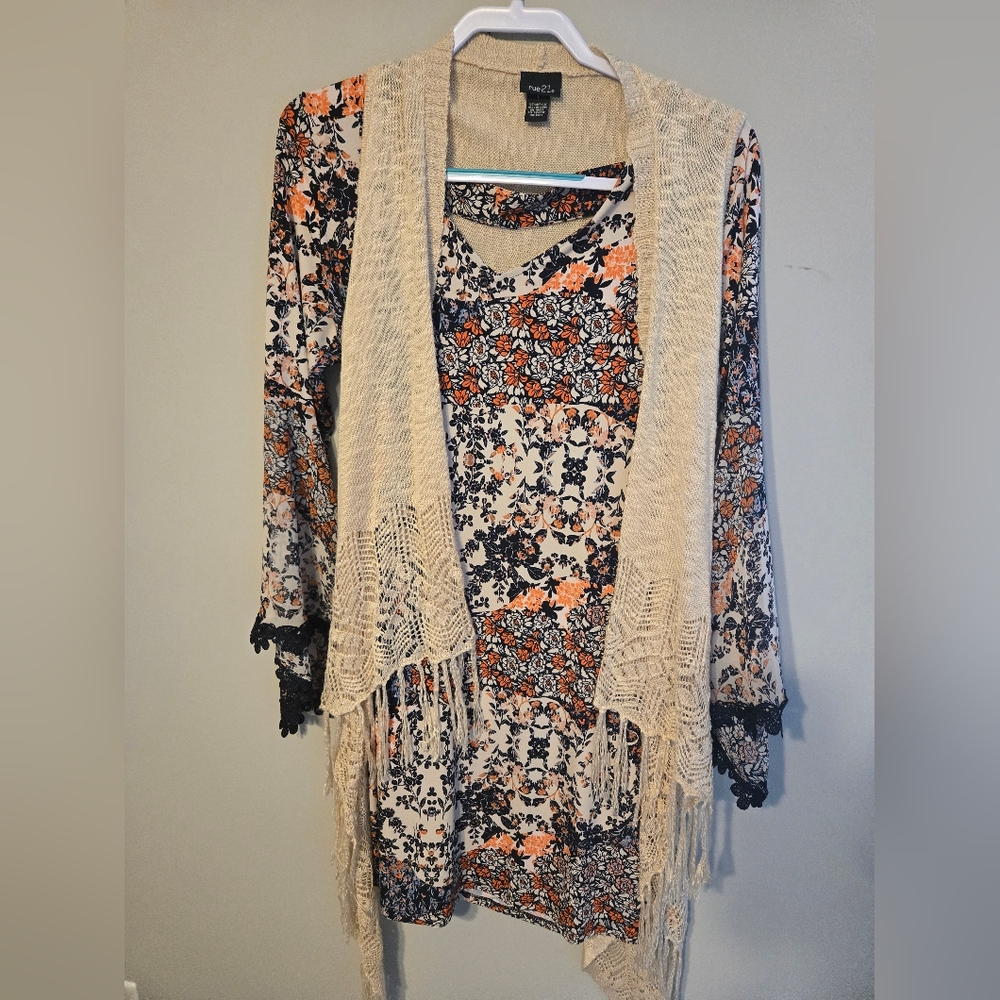60s Style Swing Mini Dress With Knit Vest And Bell Sleeves